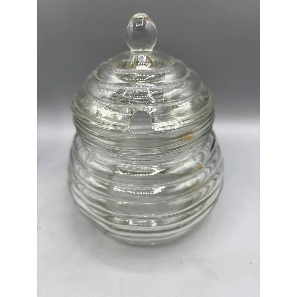 Vtg Clear Glass Beehive Honey Pot Ribbed Jar with Notched Lid Farmhouse Decor